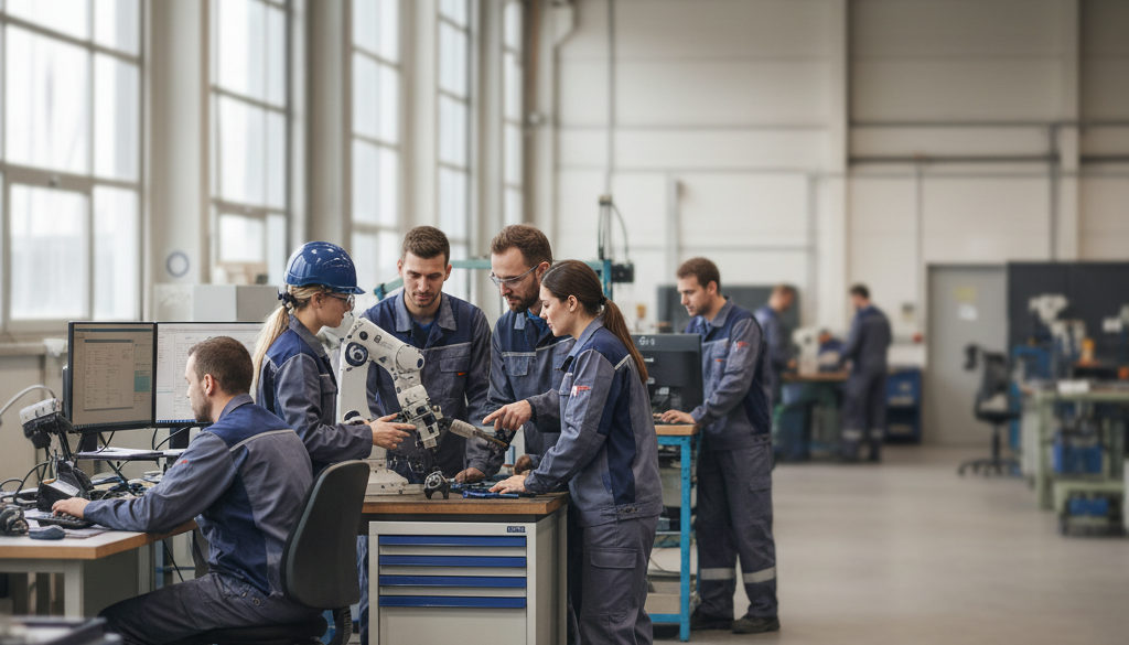 Atelier industriel français avec équipes mixtes collaborant.