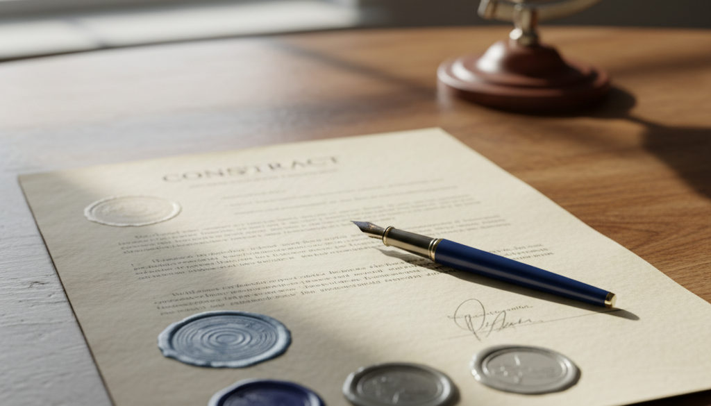 Document contractuel symbolisant la conformité légale internationale.