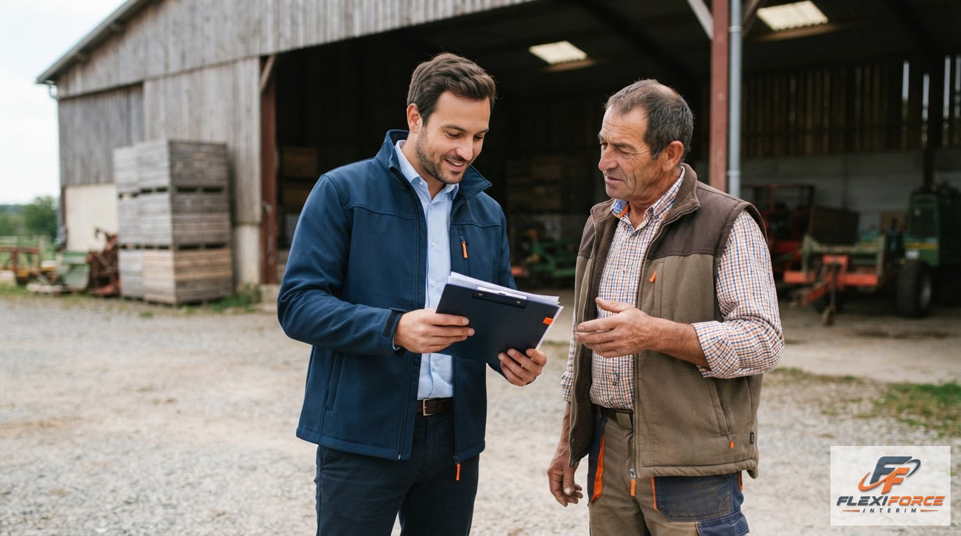 Un agent vérifiant des contrats avec un agriculteur devant un hangar.