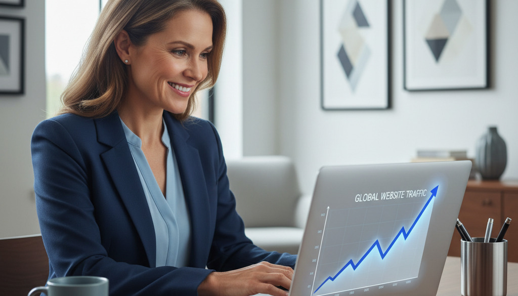 Business owner smiling at laptop displaying upward-trending global website traffic graph.