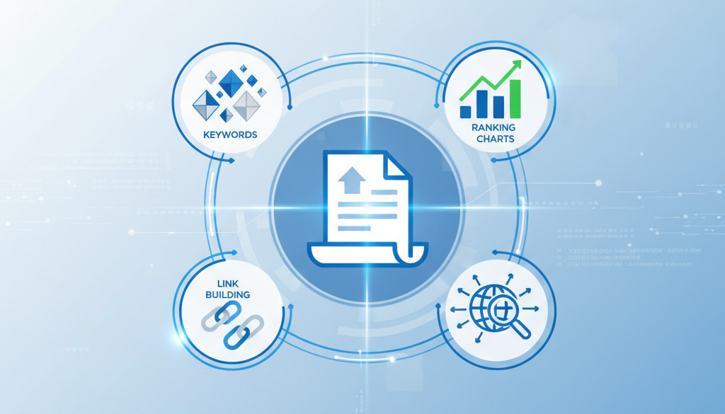 Graphic illustrating SEO concepts with interconnected icons.