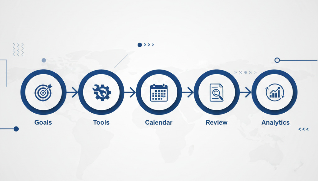 Five-step workflow diagram for AI content implementation.