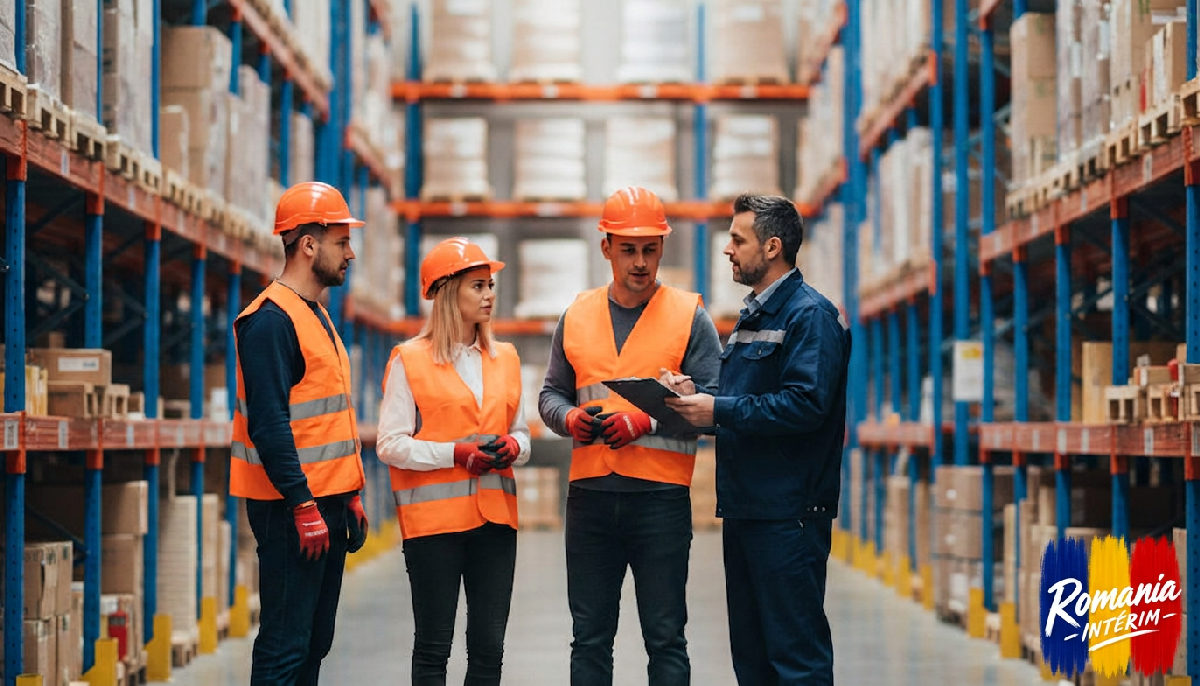 Travailleurs logistiques roumains et superviseur français devant des rayonnages.