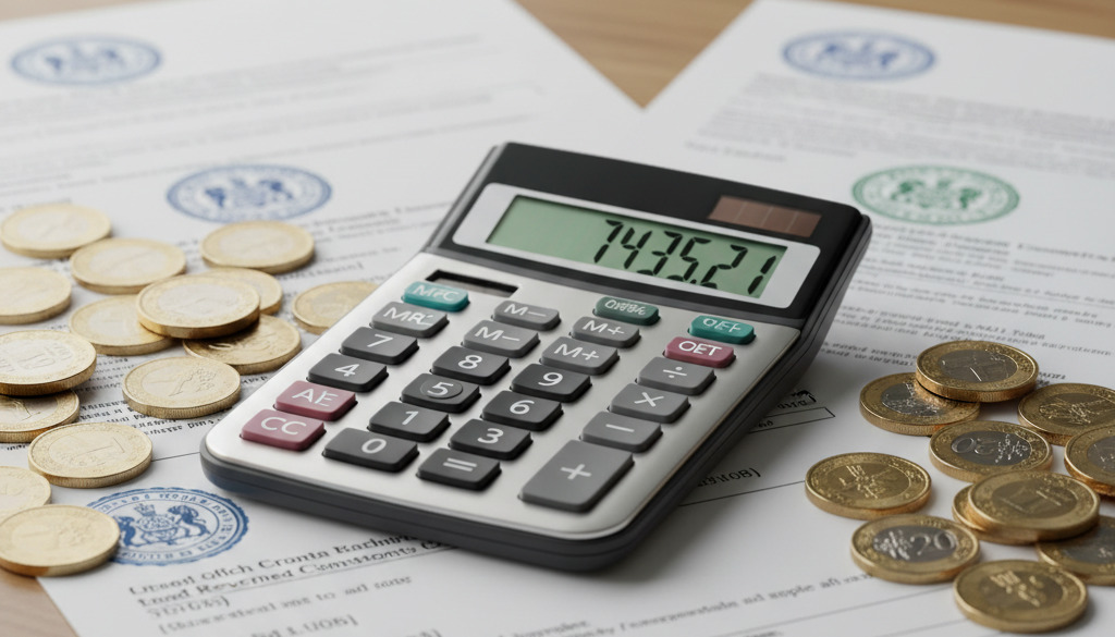 Kalkulator, dokumenty HMRC i funty szterlingi – symbol brytyjskiego systemu podatkowego.