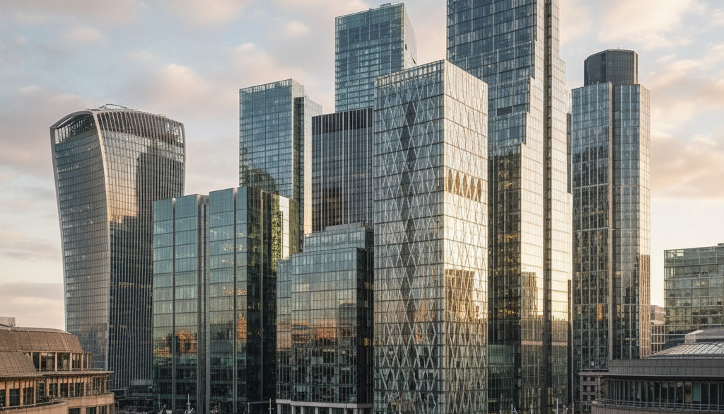 Nowoczesne biurowce w City w Londynie – serce brytyjskiej gospodarki.
