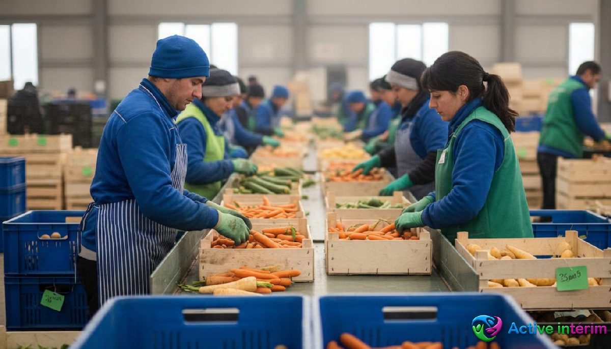 Équipe de travailleurs roumains coordonnée dans un centre de conditionnement de légumes d'hiver.