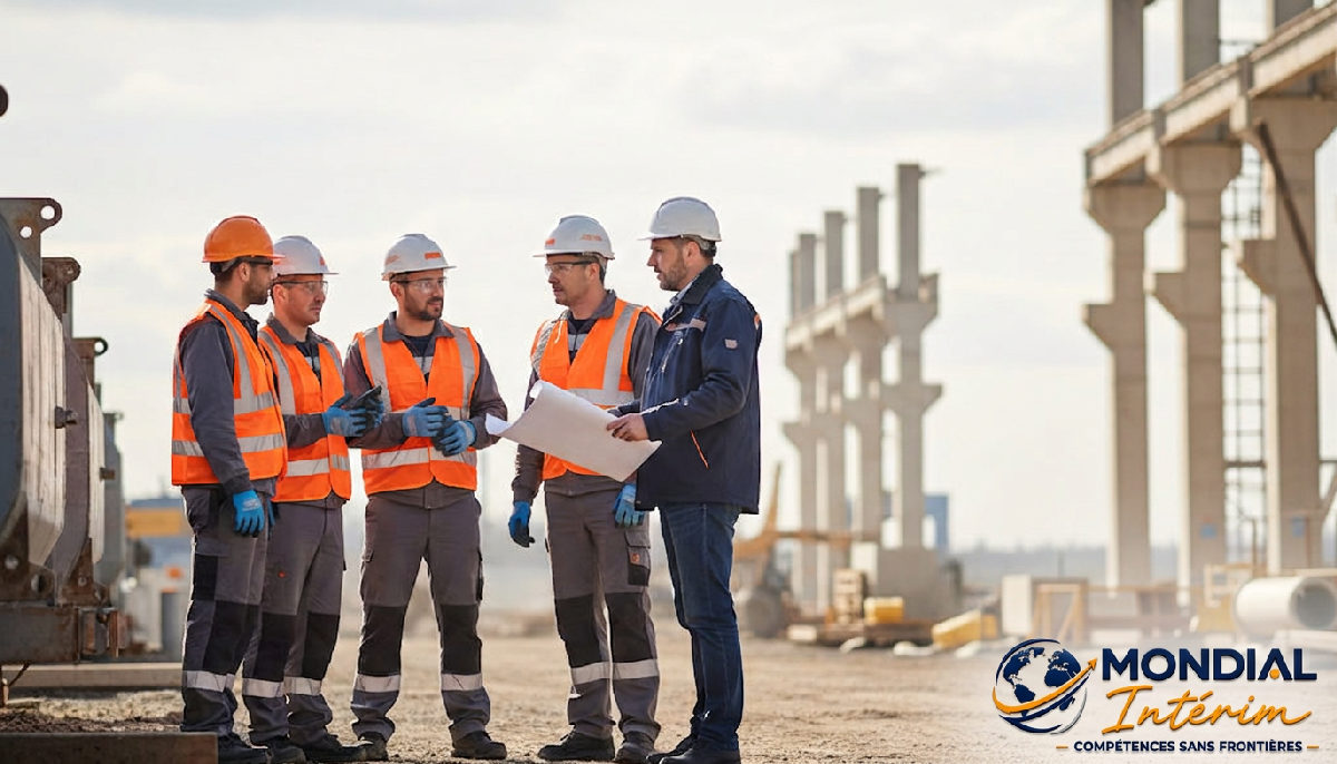 détachement travailleurs roumains formalités – Travailleurs roumains qualifiés sur un chantier français moderne.