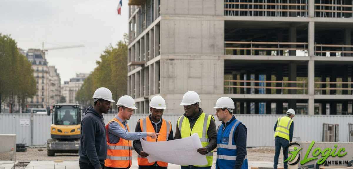 Chantier de construction moderne en France avec travailleurs diversifiés.