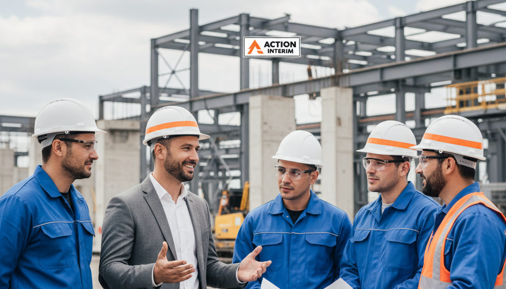 Manager français et équipe roumaine sur site industriel, collaboration positive.
