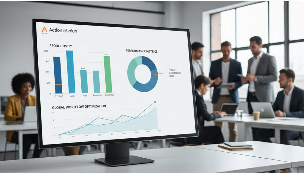 Tableau de bord numérique affichant la productivité des équipes internationales.