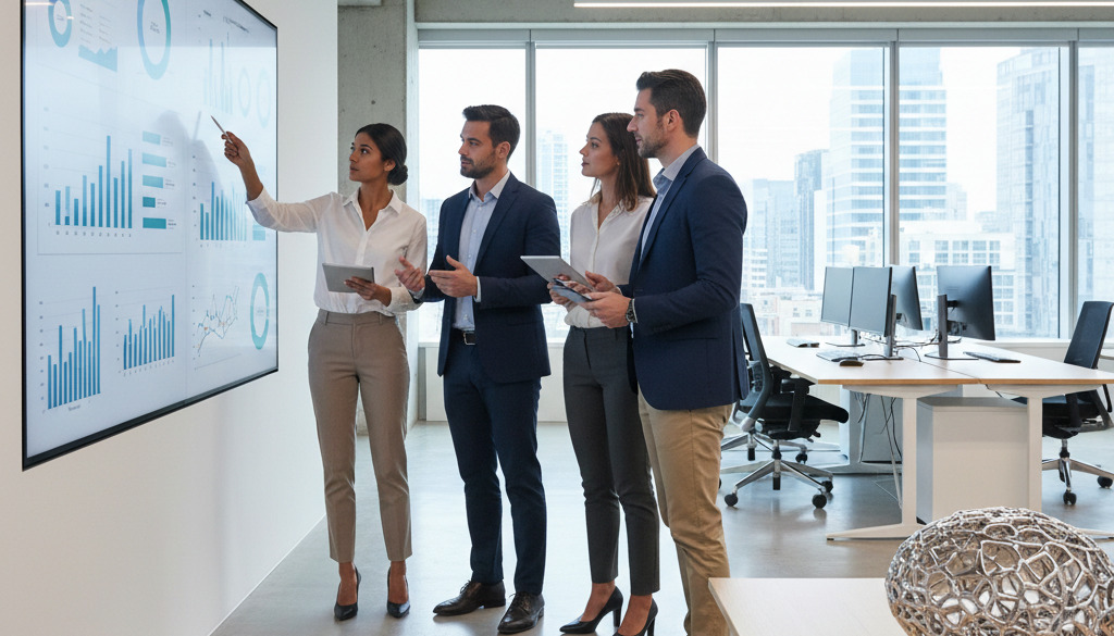 Team reviews AI content performance, merging human strategy with machine intelligence.
