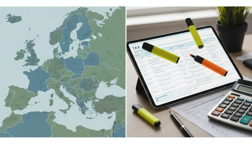 Pièges du Travail Détaché : Guide de Conformité 2024 2 Carte de l'Europe et formulaire fiscal numérique avec calculatrice.