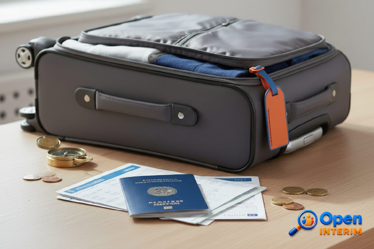 Valise et documents de voyage symbolisant le départ organisé d'un travailleur roumain.