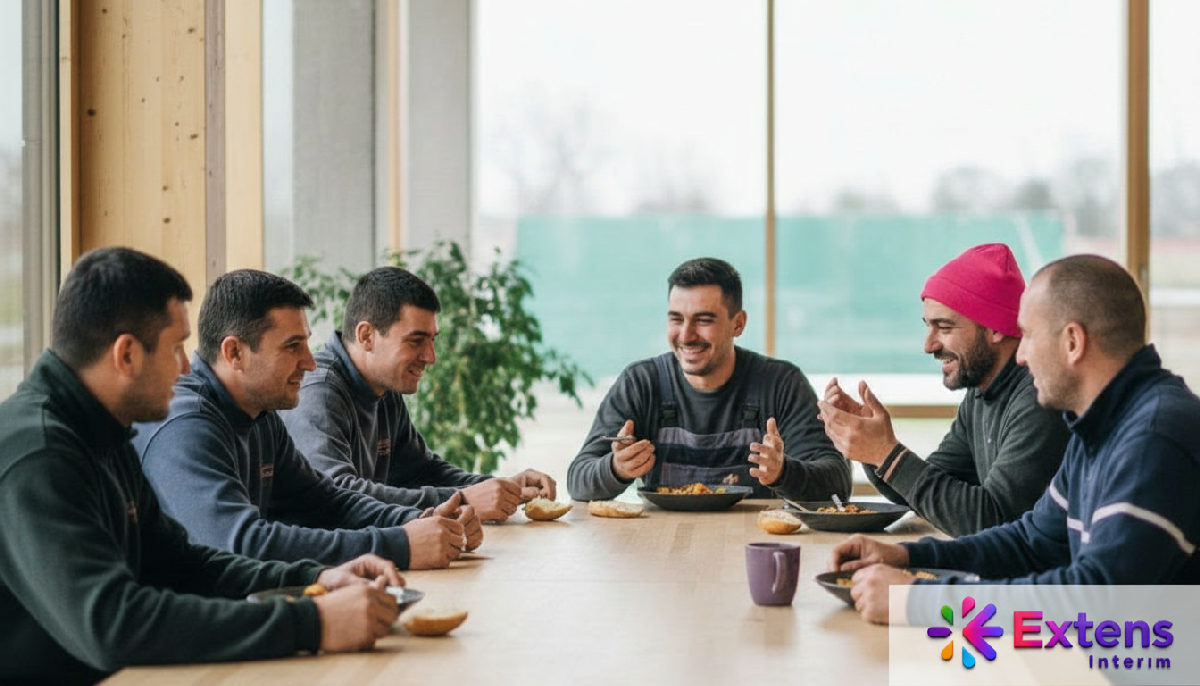 Hébergement collectif moderne pour ouvriers, espace repas convivial.