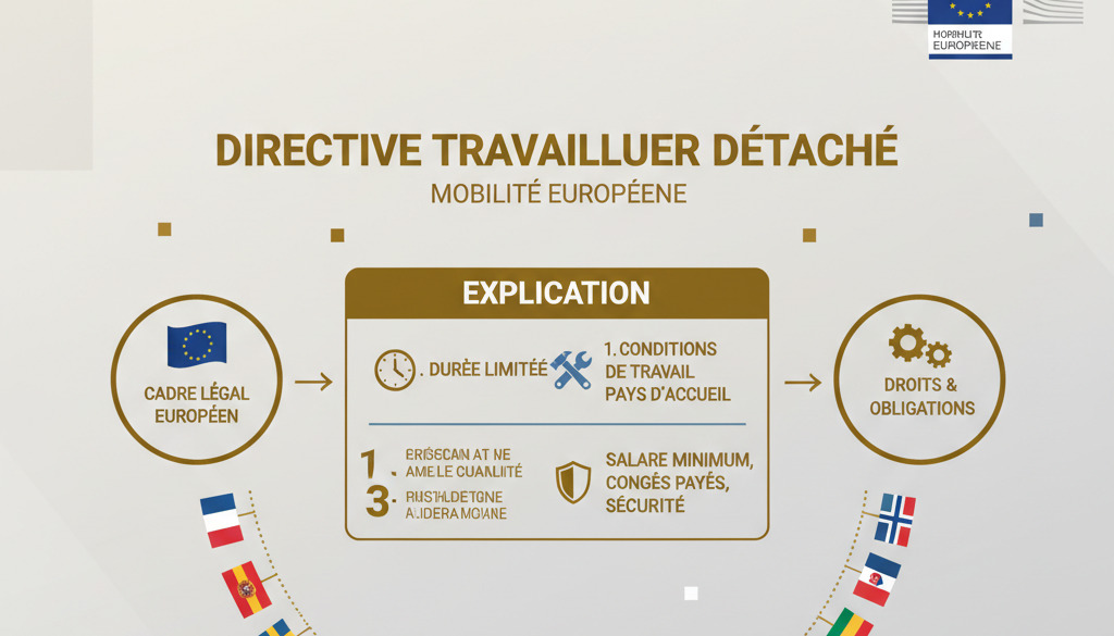 directive travailleur détaché explication - Infographie sur la directive travailleurs détachés avec logos UE et drapeaux.