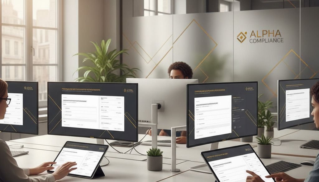 Environnement administratif moderne avec tablettes et formulaires de conformité.