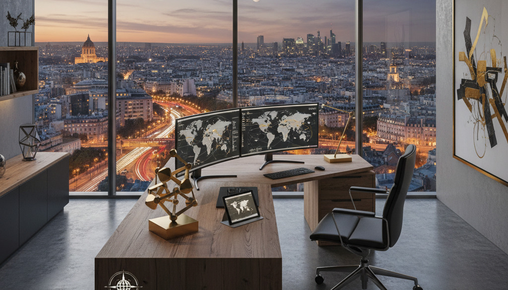 Bureau directorial avec vue sur métropole européenne, symbolisant vision stratégique.