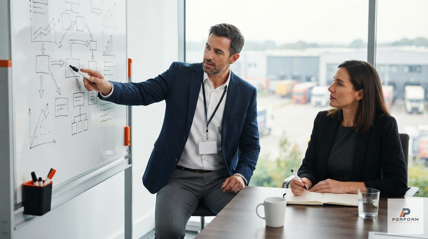 Un consultant présente des options de recrutement à un gérant de PME.