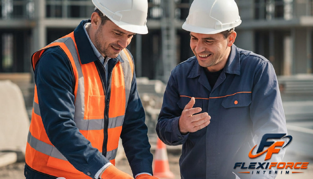Chef de chantier français et ouvrier roumain discutant un plan.