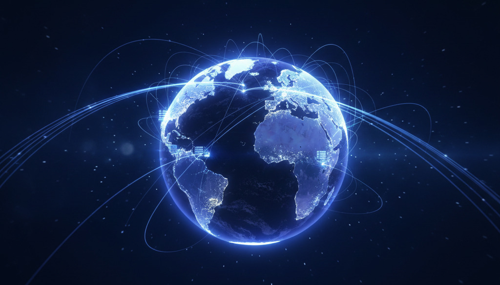 Abstract globe with glowing lines symbolizing global digital connections.