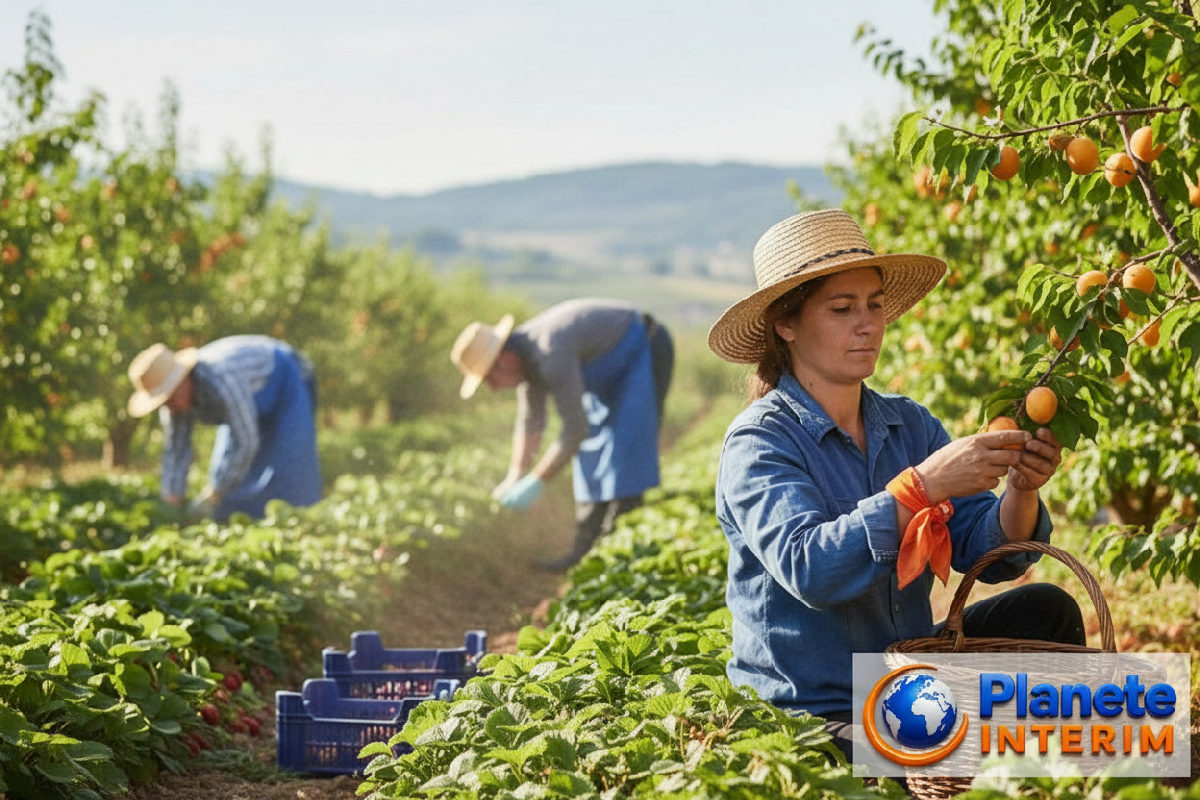 recrutement intérimaires roumains secteur agricole - Ouvriers agricoles roumains récoltant des fruits en France.