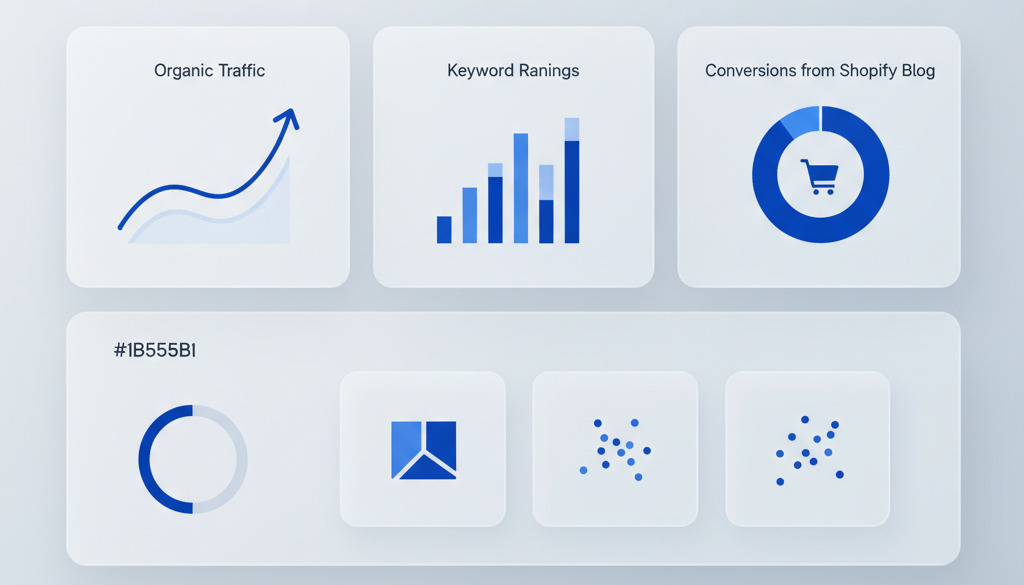 Shopify blog SEO dashboard with traffic and keyword data.