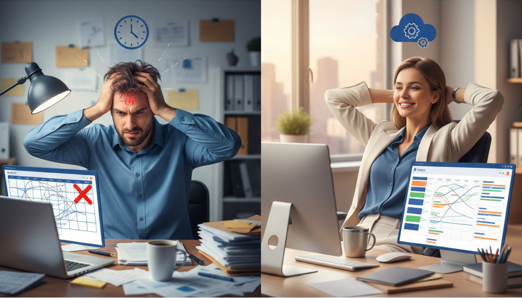 Business owners: stressed and inefficient vs. relaxed and automated.