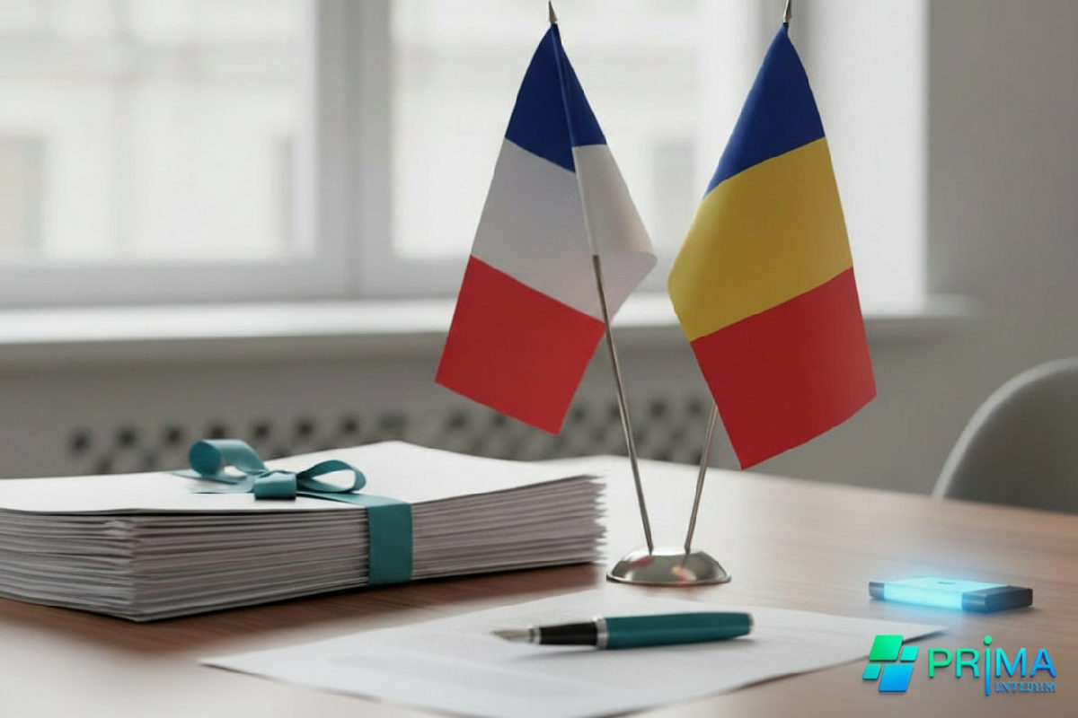 Documents juridiques et drapeaux français et roumain sur un bureau.