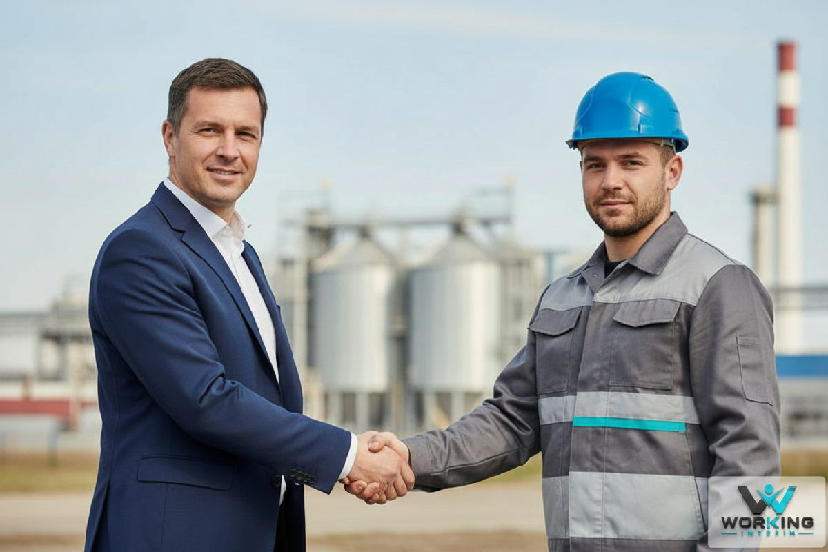 Poignée de main franco-polonaise devant un site industriel.