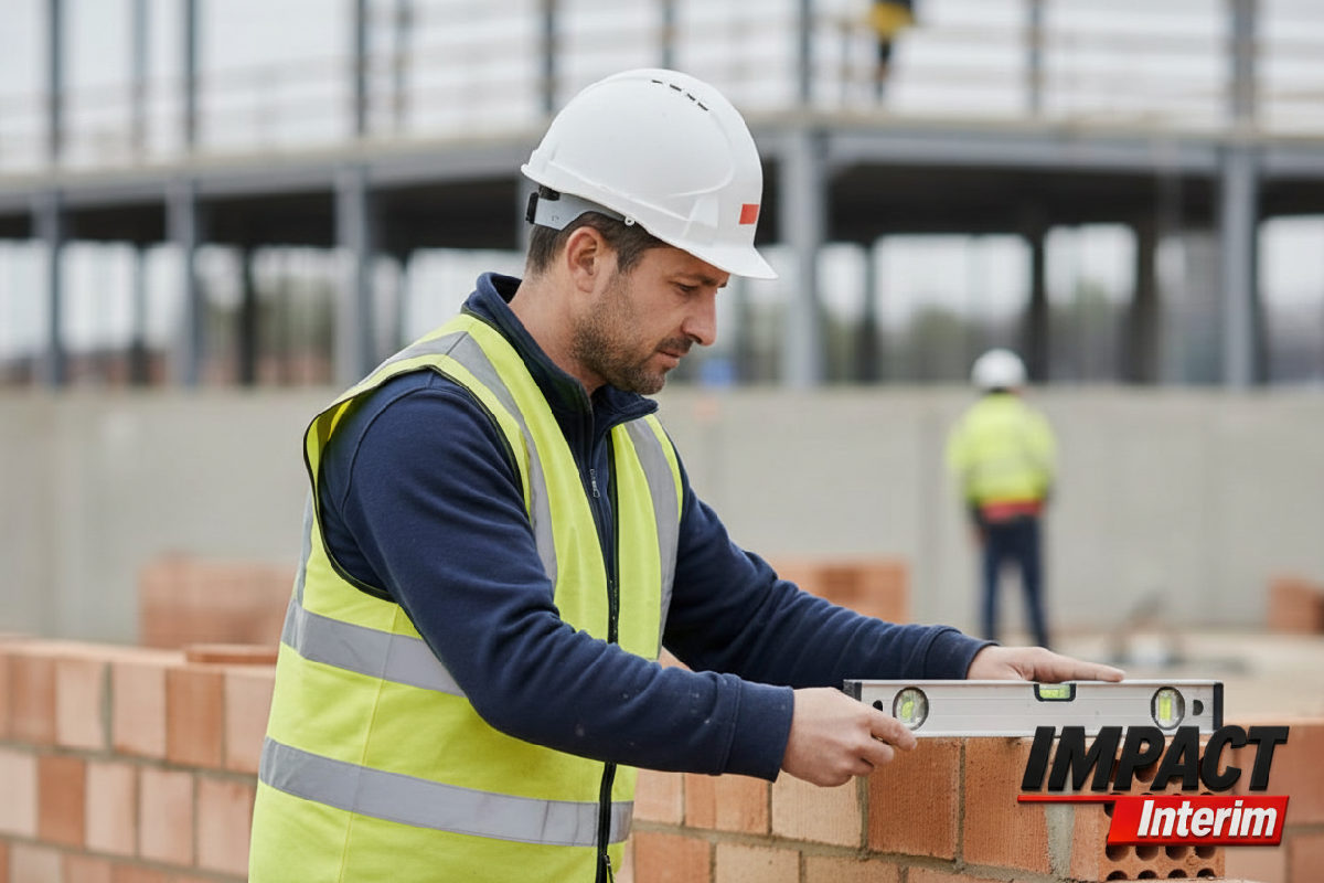 Maçon souriant montrant ses outils de travail.