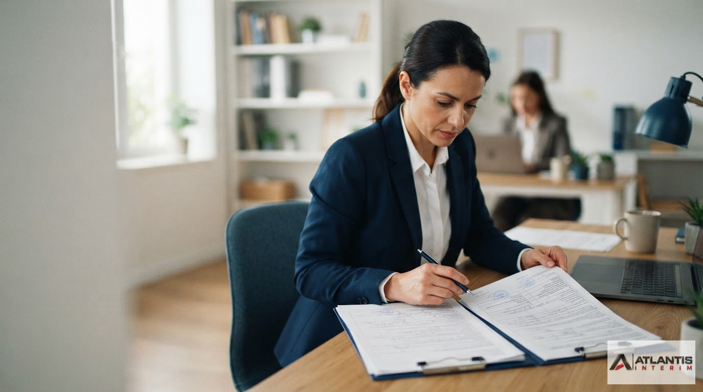 Documents administratifs de conformité pour le recrutement d'intérimaires roumains sur un bureau.