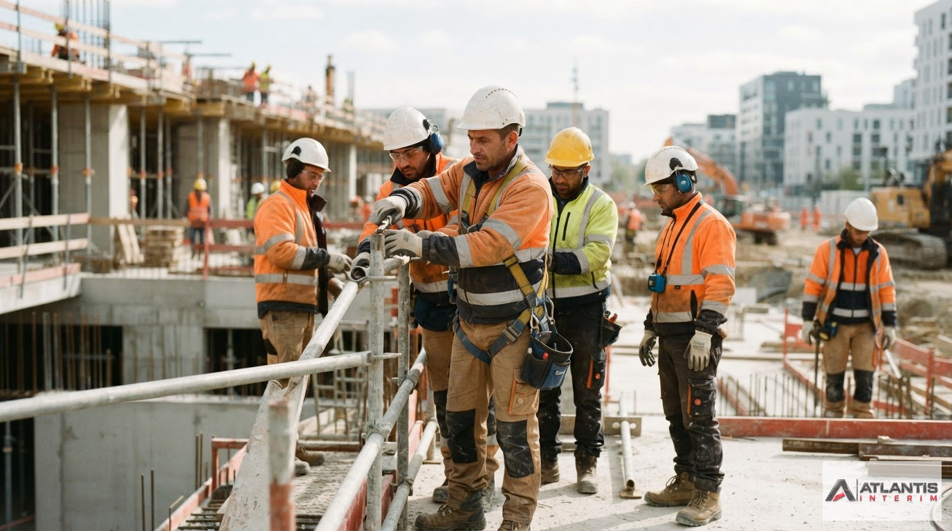Ouvriers roumains qualifiés équipés de protections individuelles sur un chantier.