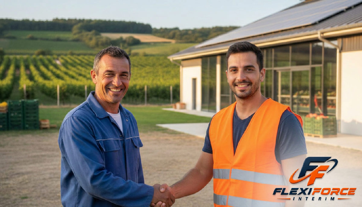 Agriculteur français et chef d'équipe roumain devant une exploitation prospère.