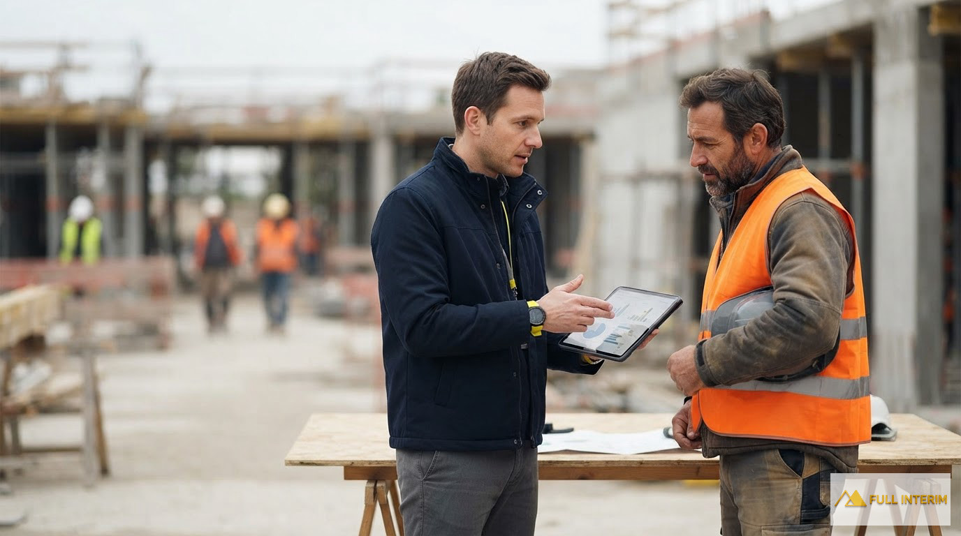 Un consultant expliquant les procédures de conformité administrative sur un chantier.