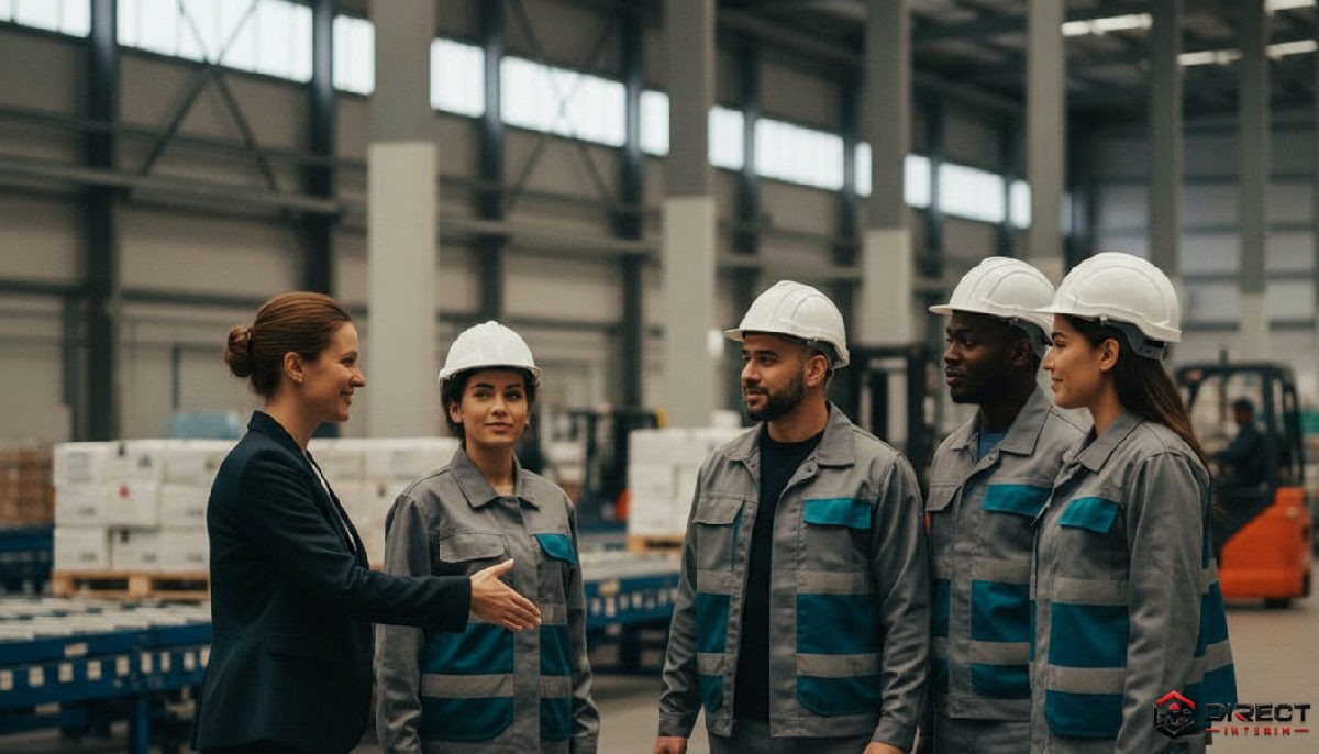 Responsable RH accueillant des travailleurs roumains sur un site logistique.