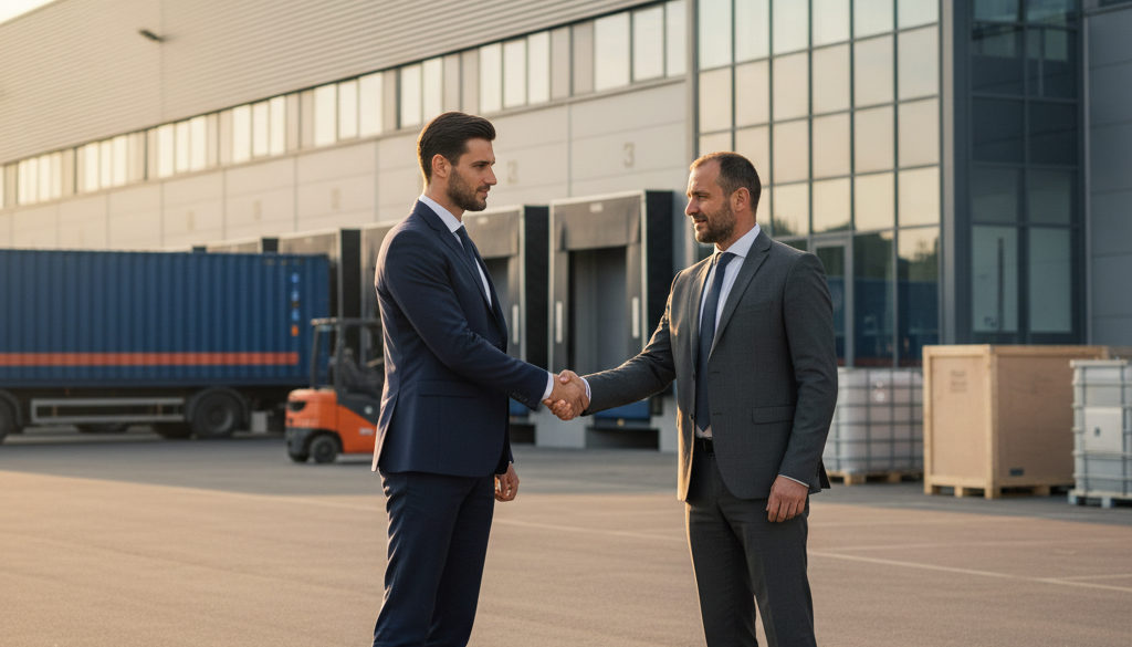 Professionnels français et roumain se serrant la main devant un entrepôt.