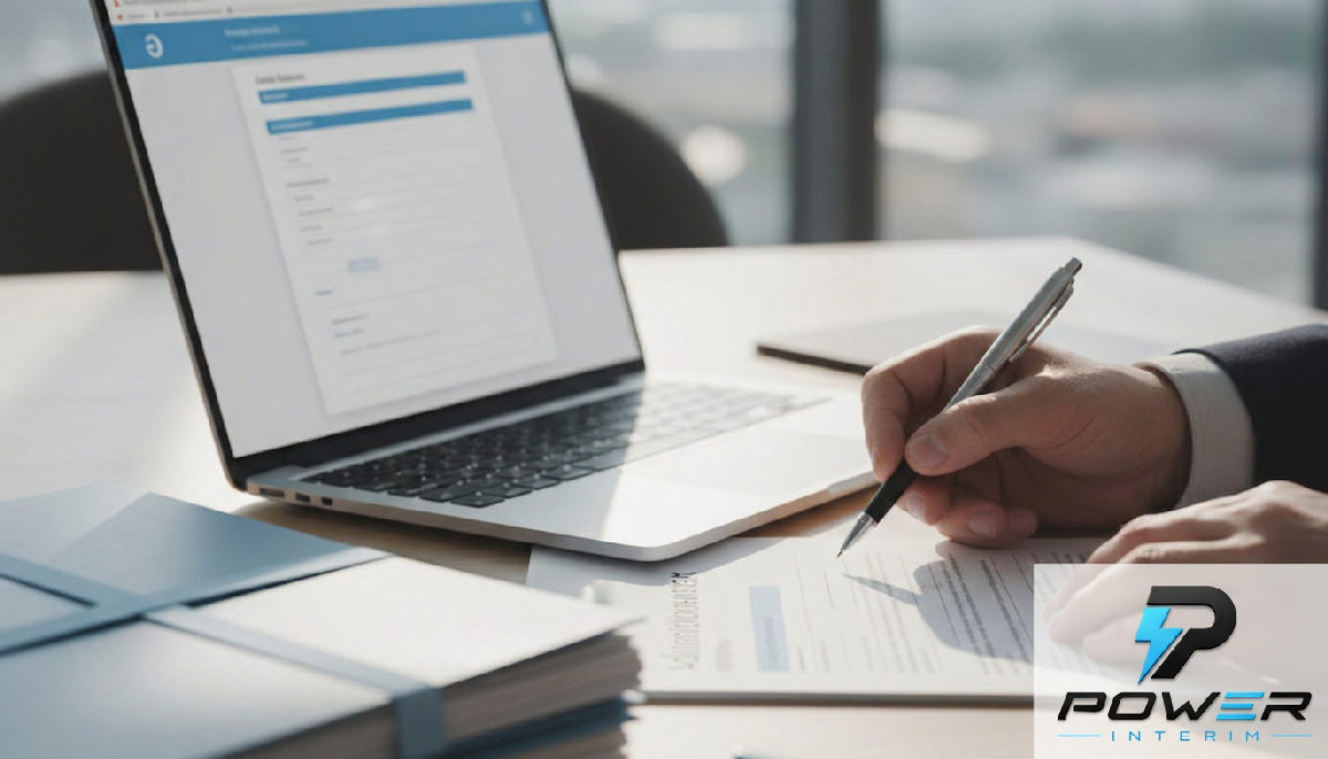 Un travailleur signe un contrat sur un ordinateur portable.