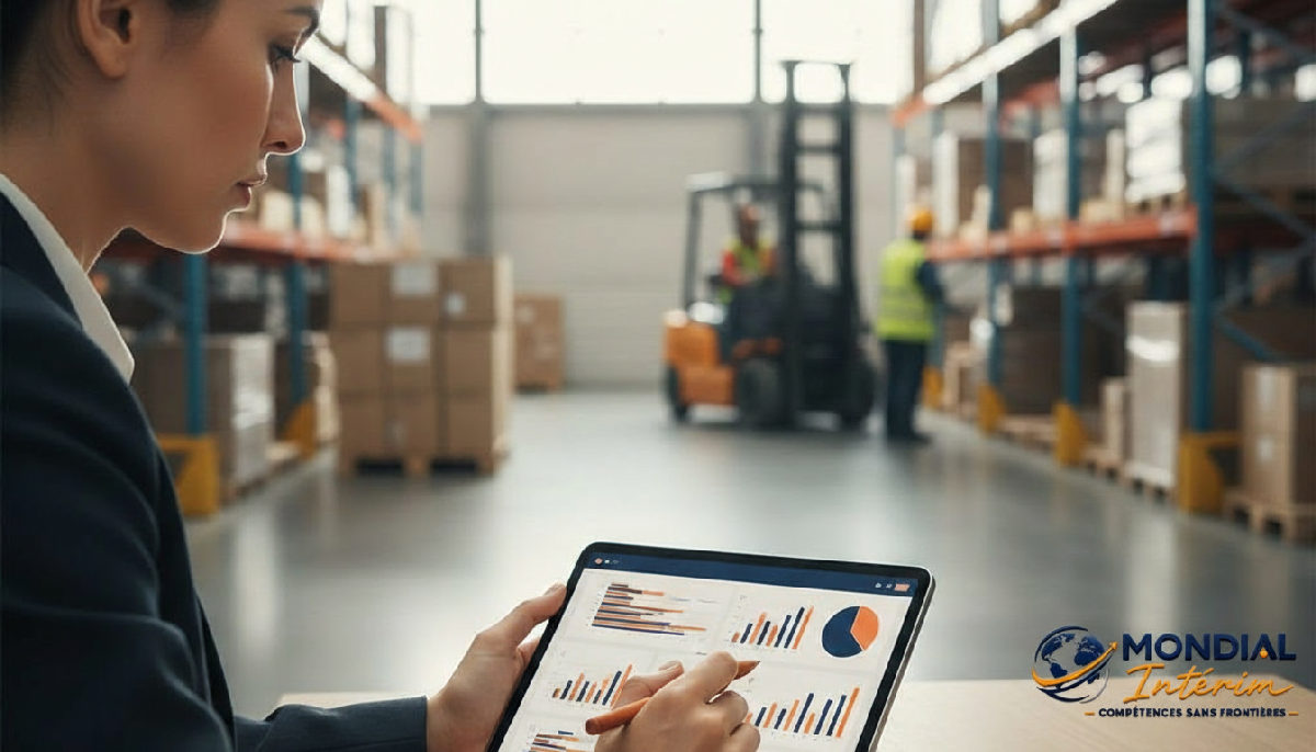 checklist recrutement intérimaires logistique roumanie - Recruteur consultant une checklist sur tablette dans un entrepôt logistique.