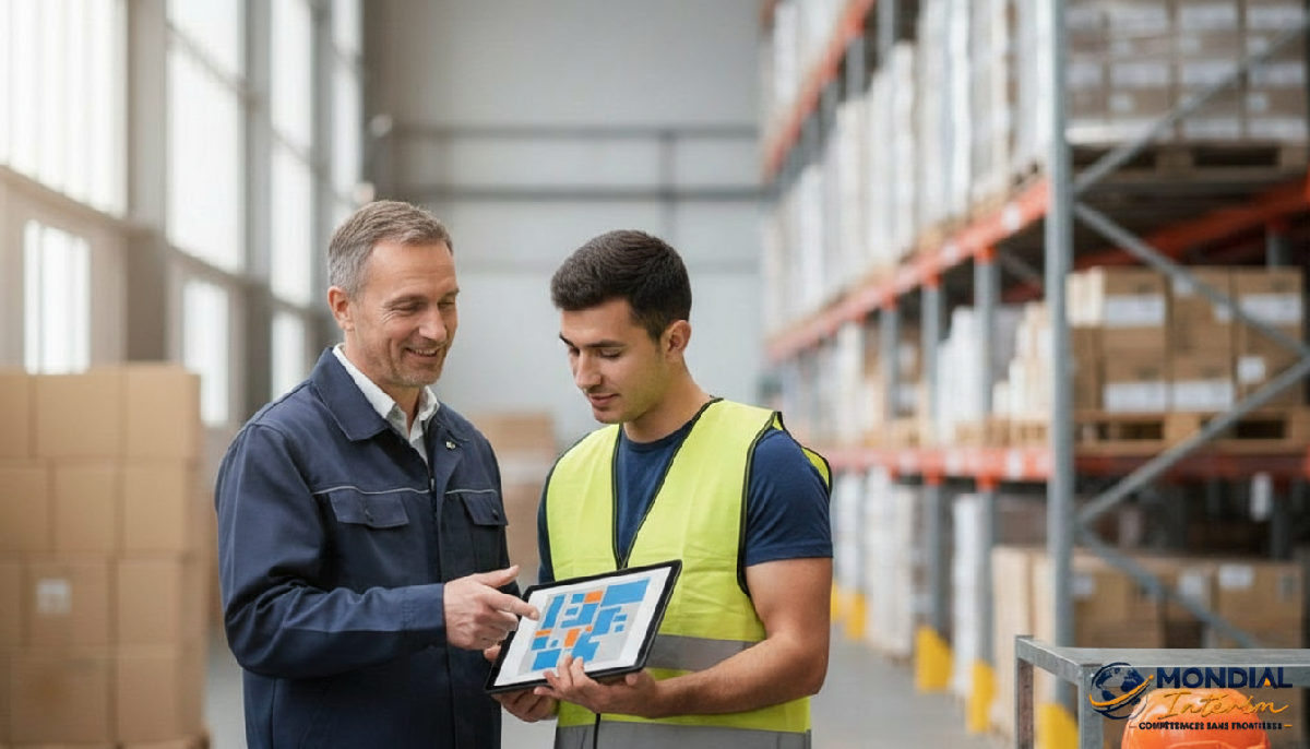 Manager accueillant un intérimaire roumain dans un entrepôt logistique.