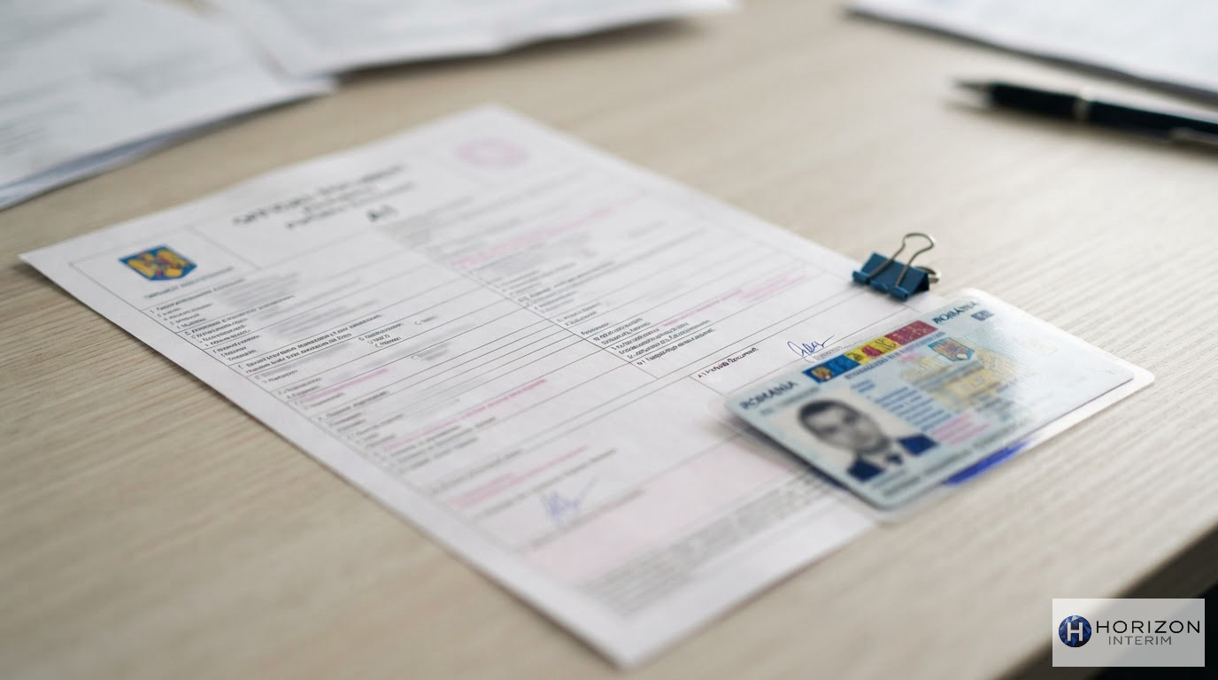 Un formulaire A1 et une carte d'identité roumaine sur un bureau.