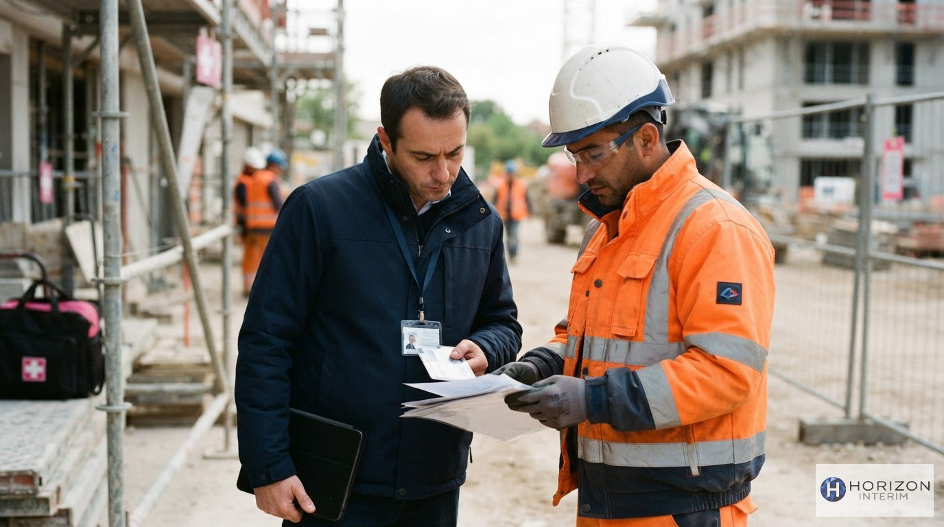 Un inspecteur du travail vérifiant les documents d'un ouvrier sur un chantier.