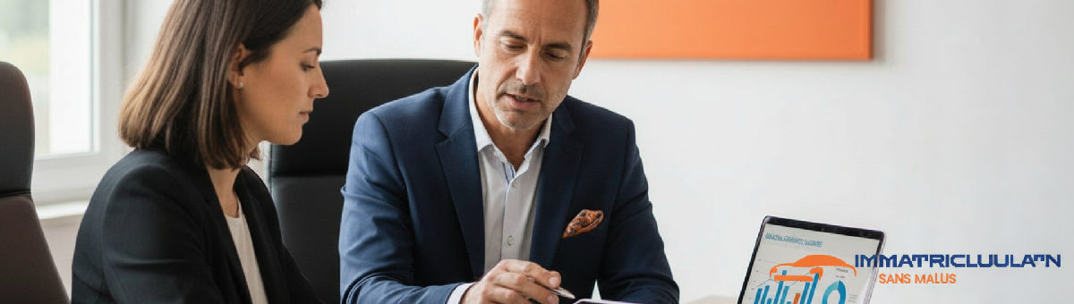 Expert en assurance auto expliquant des documents à un client.