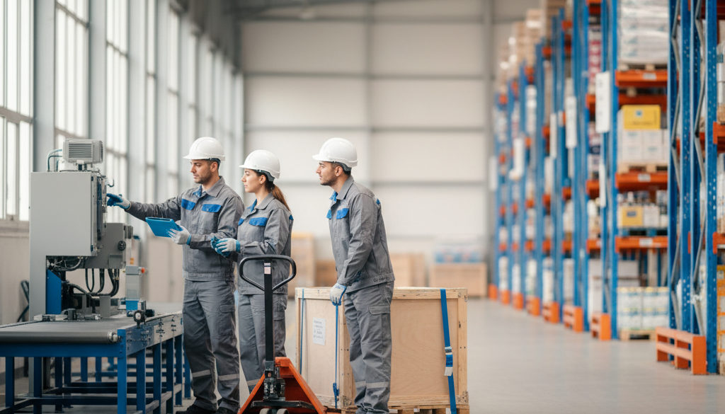 Techniciens roumains qualifiés au travail sur un site logistique français.