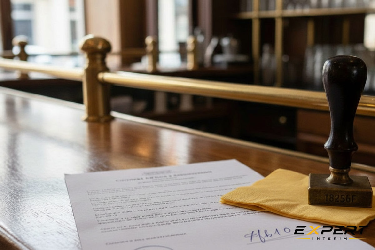 Contrat de mise à disposition signé avec tampon sur un comptoir de bar.