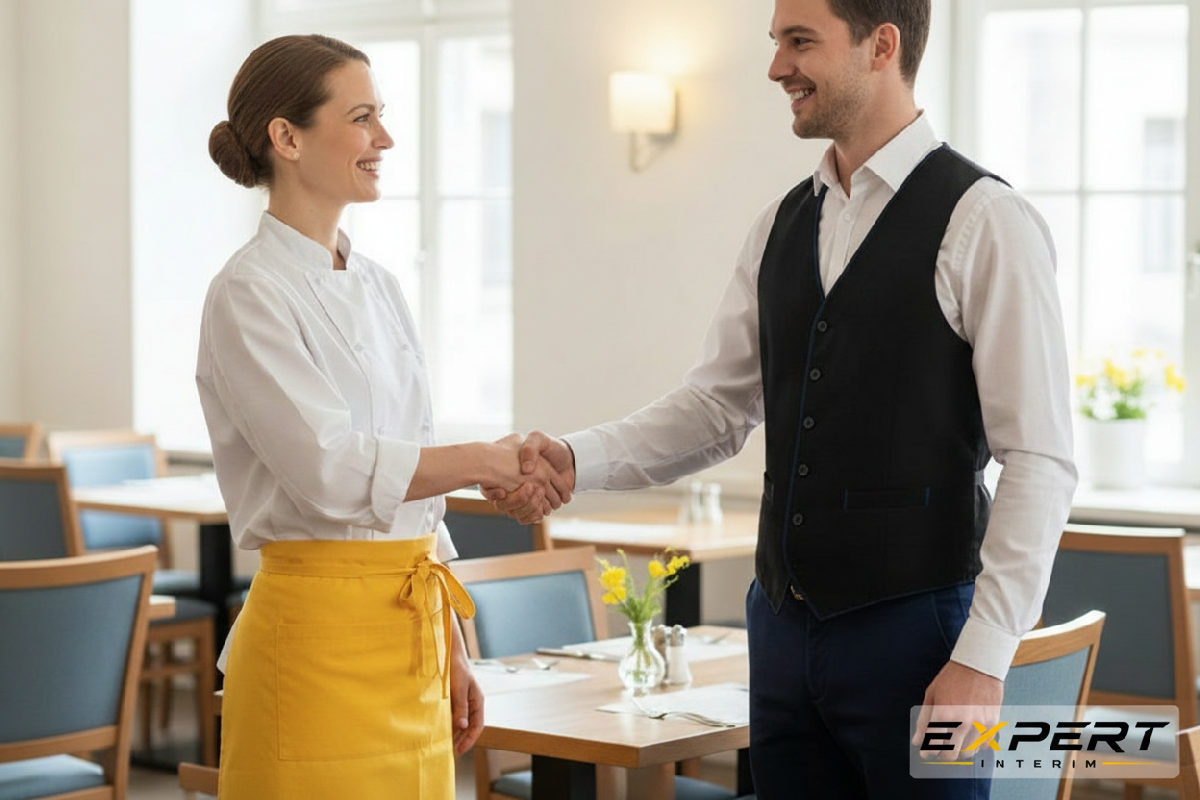 Chef et serveur intérimaire se serrent la main, symbolisant une intégration réussie.