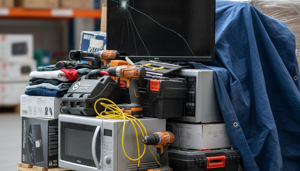 Różnorodne przedmioty na palecie zwrotów: elektronika, AGD, narzędzia.