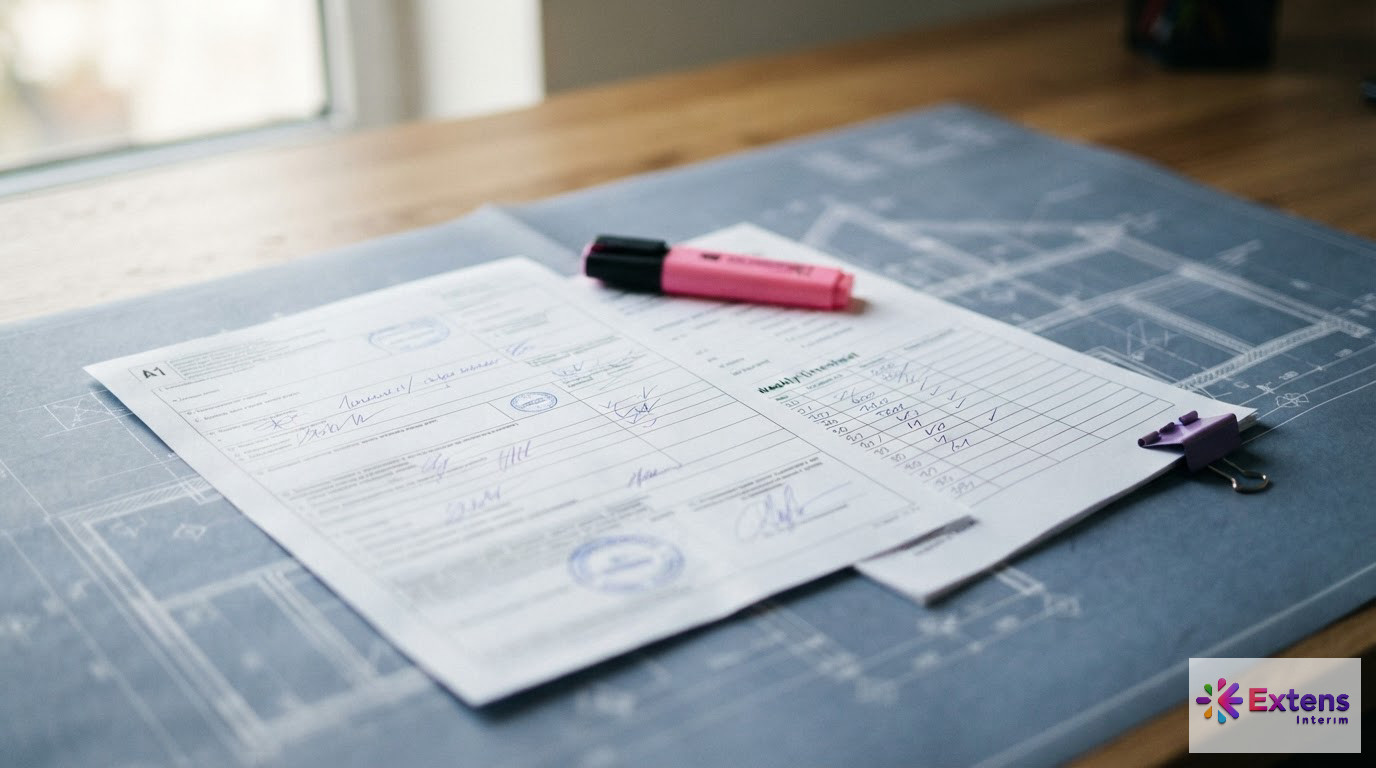 Un formulaire A1 et une feuille de temps posés sur un plan technique.