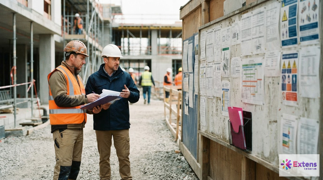 Un inspecteur discutant avec un responsable devant un tableau d'affichage de chantier.