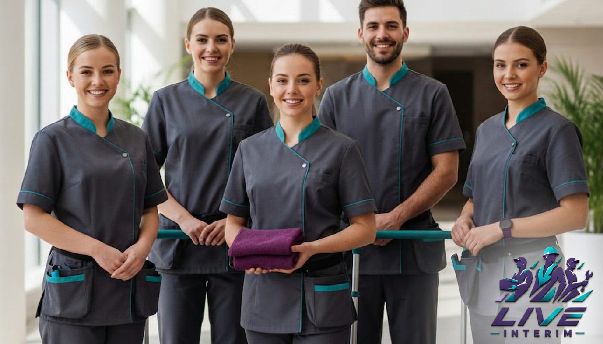Personnel de nettoyage souriant en uniforme dans un hall d'hôtel lumineux.