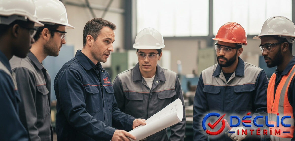Briefing d'équipe sur un site industriel avec des ouvriers français et roumains.